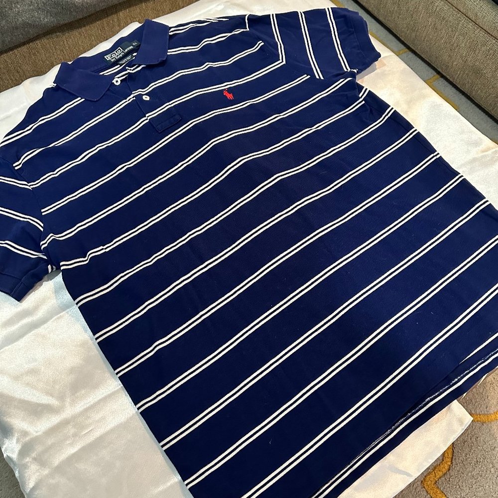 Polo Ralph Lauren Men’s Pima Cotton Short Sleeve Polo Navy Blue w/White Stripes